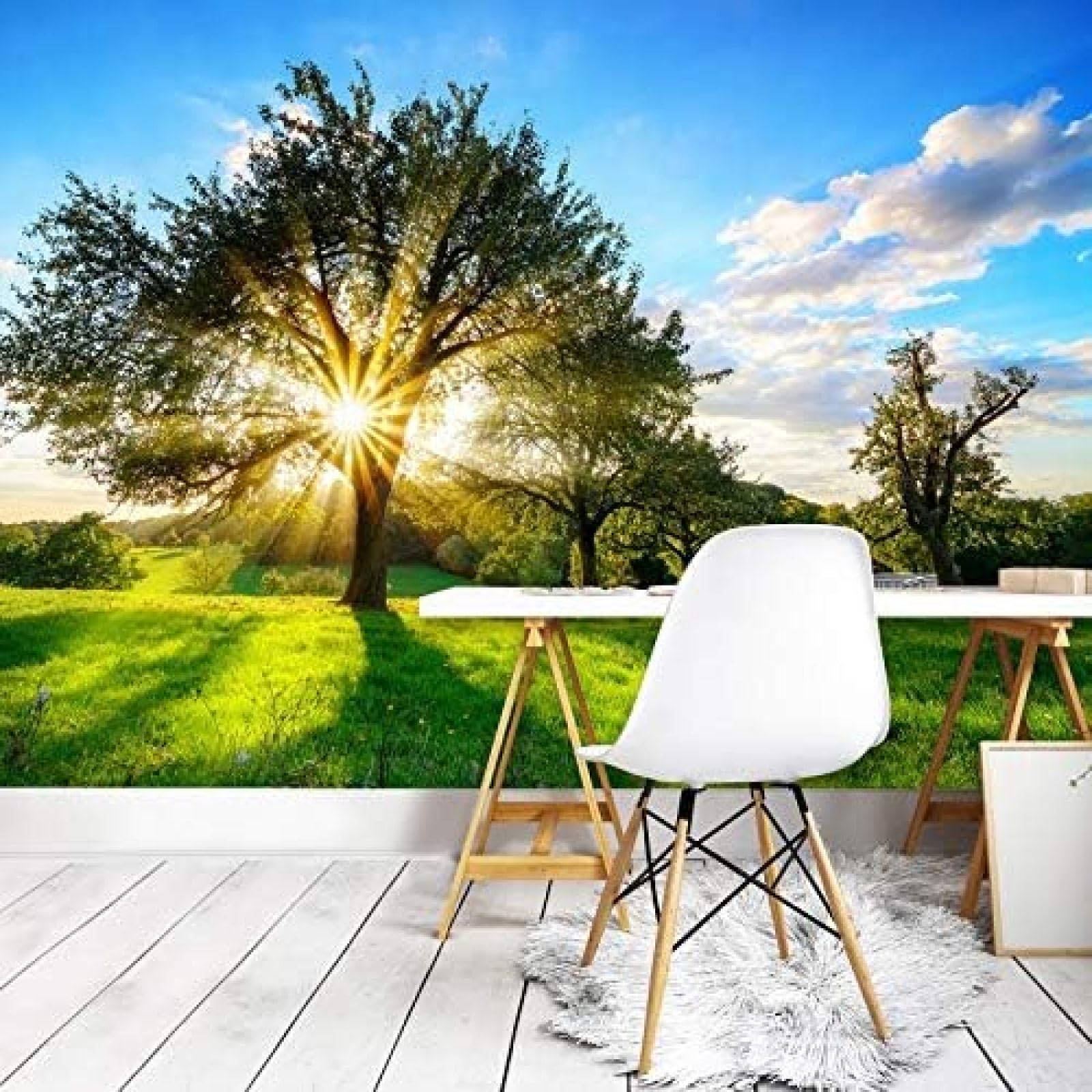 Kfjhgbdshhj 3D Mural Photo Mural-Wallpaper Wall Decoration Forest Nature Tree Meadow Sun Rays Green Modern Wall Decoration Wall,150Cmx105cm Poster - Wall Sticker - Frameless Picture