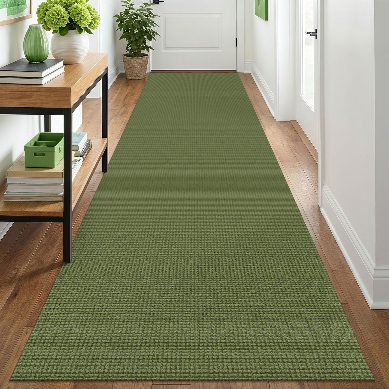 IOHOUZE Washable Runner Rug 3x12 Non Slip Rubber Backed Extra Long Hallway Runner Entryway Runner Indoor, Kitchen Rugs Woven Cotton Floor Carpet for Hall Entrance, Olive Green/Earthy Green