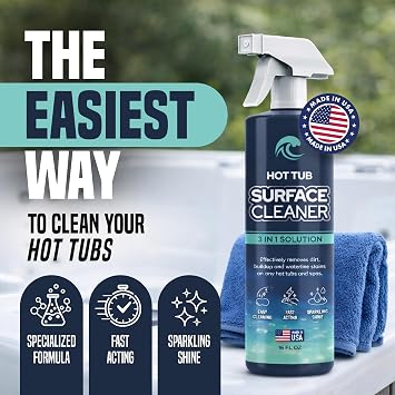 Hot Tub Surface Cleaner Fast Acting Formula, Easy Spray & Wipe Use, For Acrylic, Vinyl, Fiberglass, Inflatable, Swim Spa & Jet Tubs, Removes Dirt, Grime & Waterline Residue Made in USA, 16 oz