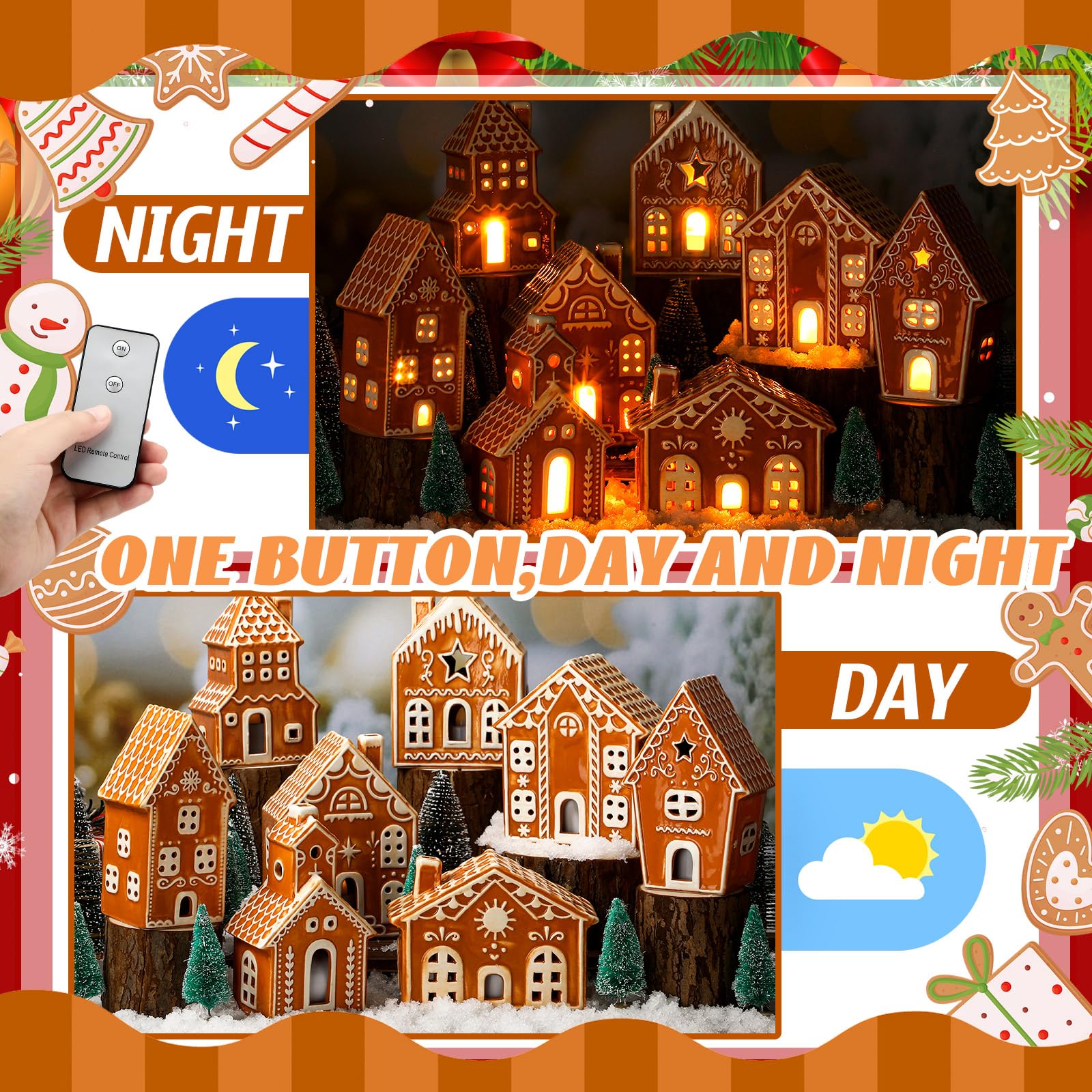 WILLBOND Lot de 29 pièces de Village de Noël en Pain d'épices glacé - 8 Maisons de Village en Pain d'épices Lumineuses en céramique avec télécommande et 13 Arbres - Figurines de Noël pour décoration