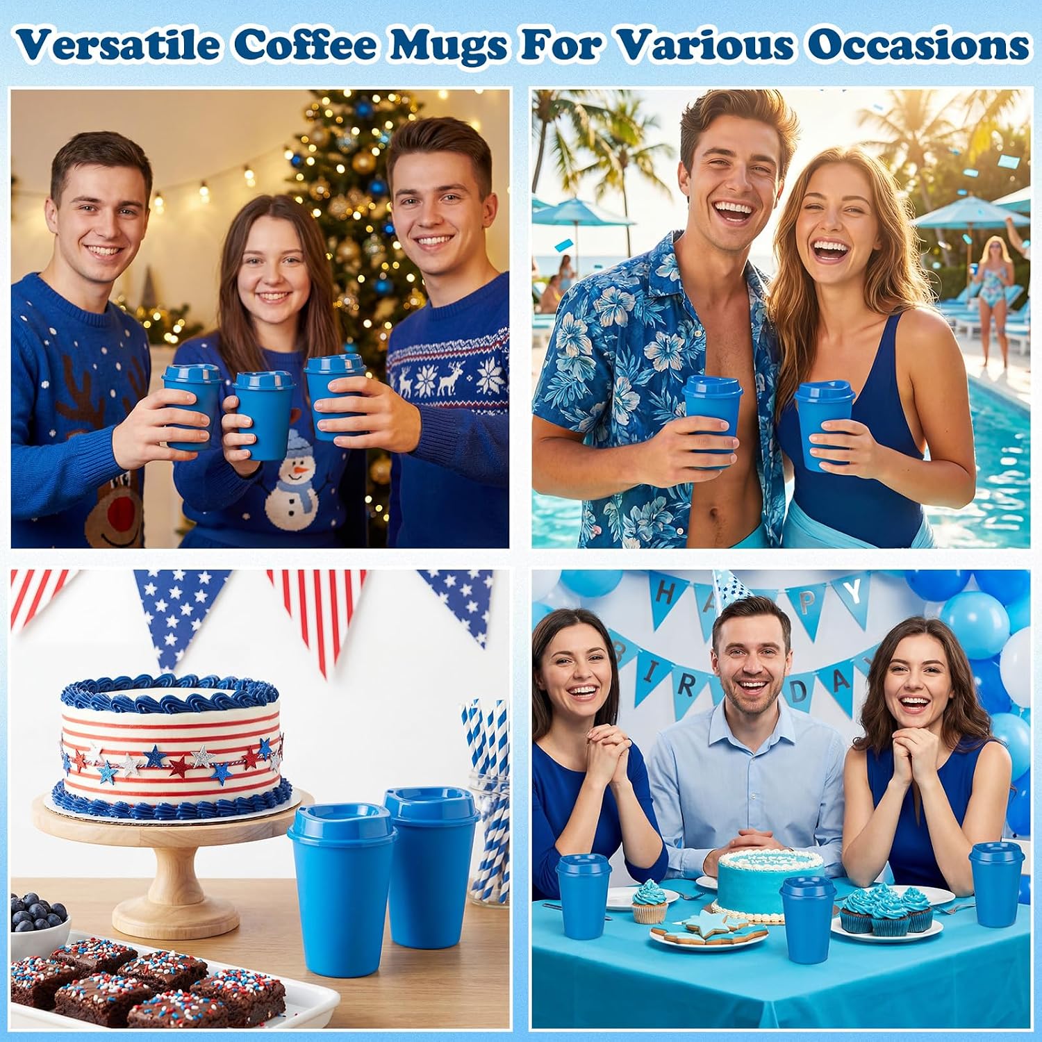 Honeydak 45 Pack 12 oz Reusable Coffee Cups with Lids Portable Tea Cups Reusable Hot Coffee Mugs Tumblers Bulk Plastic Tumblers Travel Drinks Mugs for Hot and Cold Drink (Navy Blue,Classic)