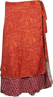 Womens Red Wrap Skirt Floral Print Silk Sari 2 Layer Reversible Beach Skirt OneSize