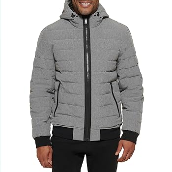 DKNY Men's Performance Hooded Bomber Jacket, Quilted Heather