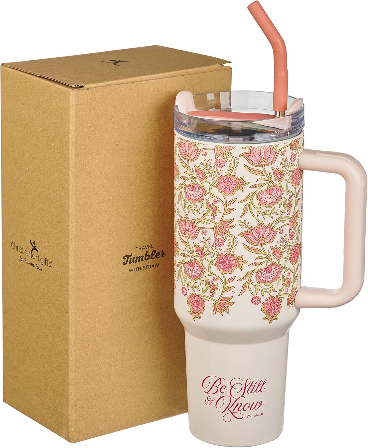 Christian Art Gifts Extra Large Stainless Steel Double Wall Vacuum Insulated Travel Tumbler for Women: Be Still Inspirational Scripture, Lid, Reusable Straw, Wide Handle, White & Pink Floral, 40 oz. - Image 10