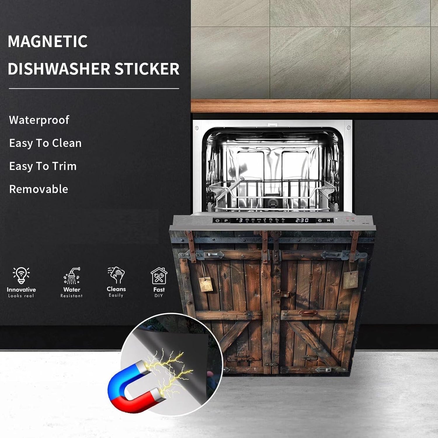 Barn Wooden Door Magnet Dishwasher Cover Panel Magnetic Sticker, Vintage Wooden Door Magnetic Skin Cover for Dishwasher Refrigerator Cabinets (23" x 26" Magnetic)