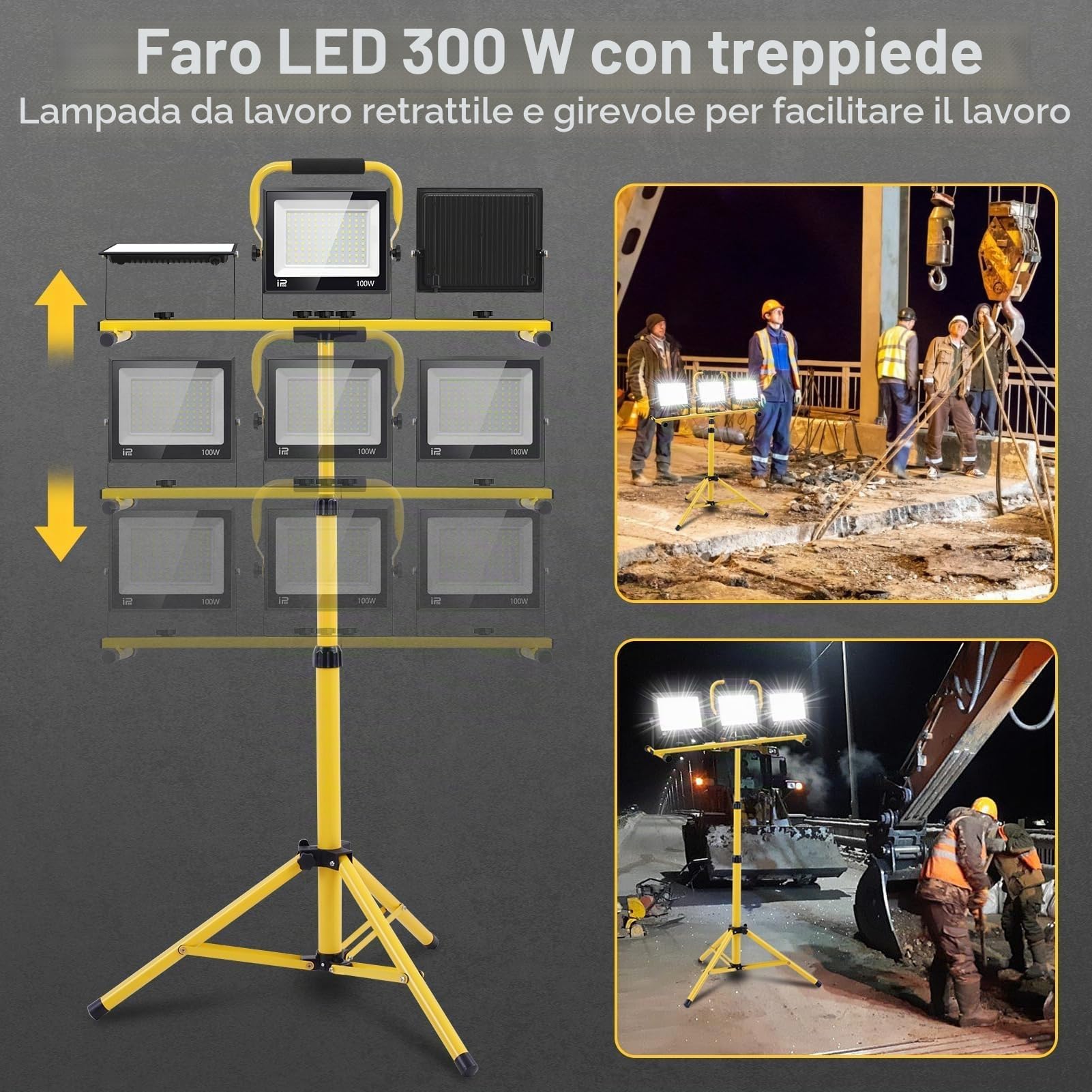 Viugreum Faretto da Cantiere Portatile con Treppiede Telescopico 300W, 24000LM Faro LED, Luce Bianca 6500K, Rotazione 360°, IP66 Impermeabile