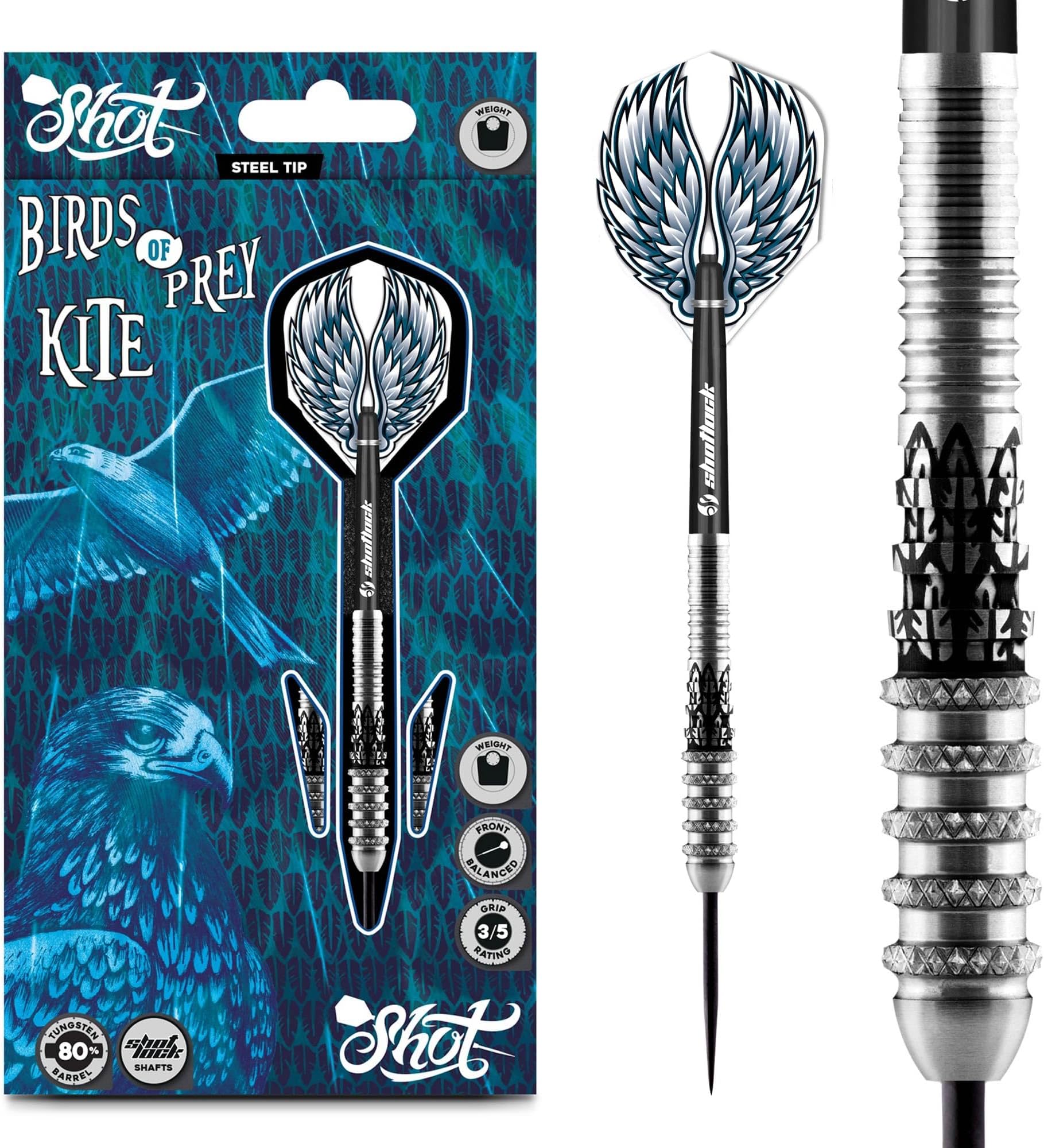 Shot! Darts Birds of Prey Kite Steel Tip Dart Set-Front Weighted 80% Tungsten Barrels 21gm
