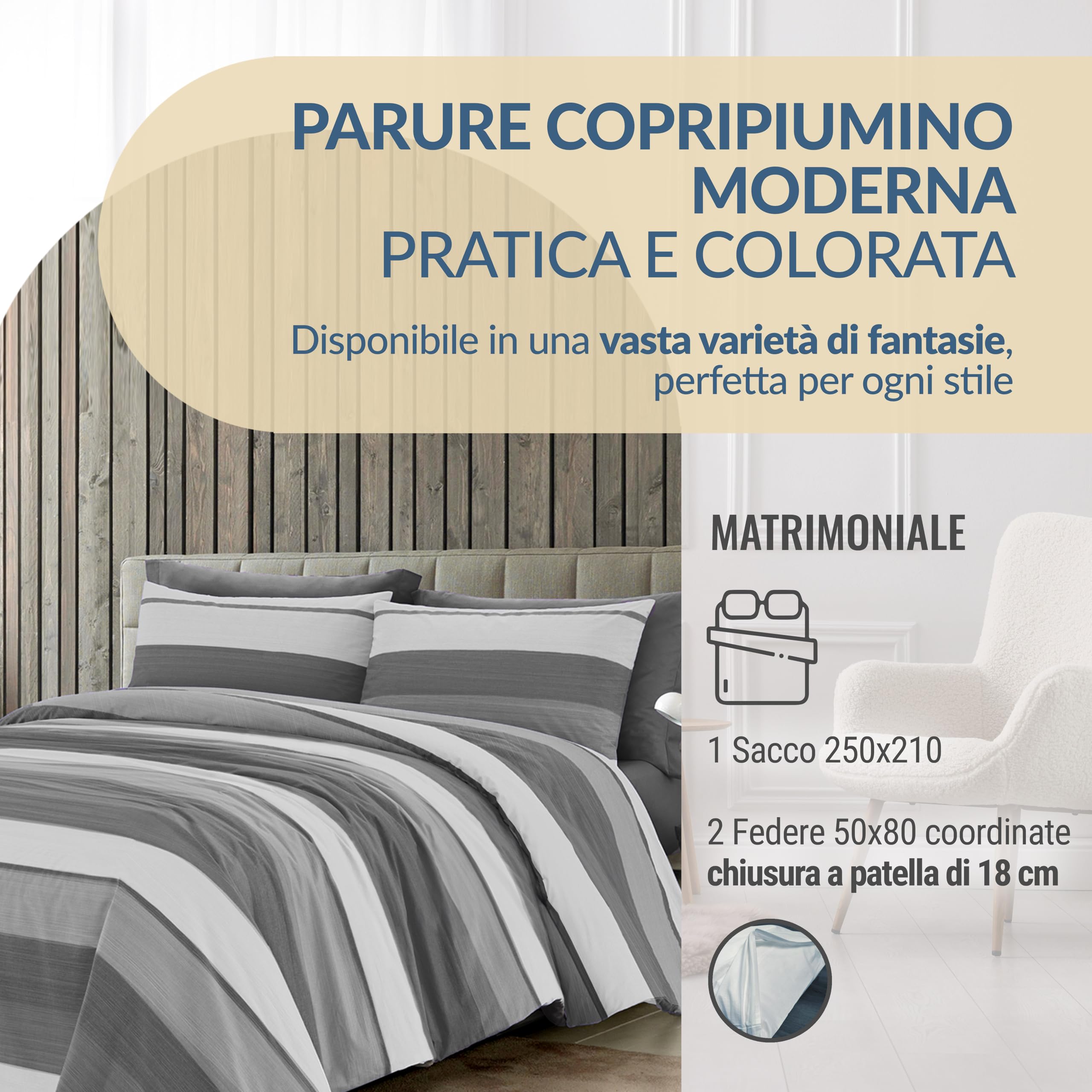 Dorian Home - Set Copripiumino Matrimoniale 250x210 con Sacco in 100% Puro Cotone + 2 Federe Cuscino Letto 50x80 con Patella di 18 cm (Garda Grafite, Matrimoniale - 250x210 cm)