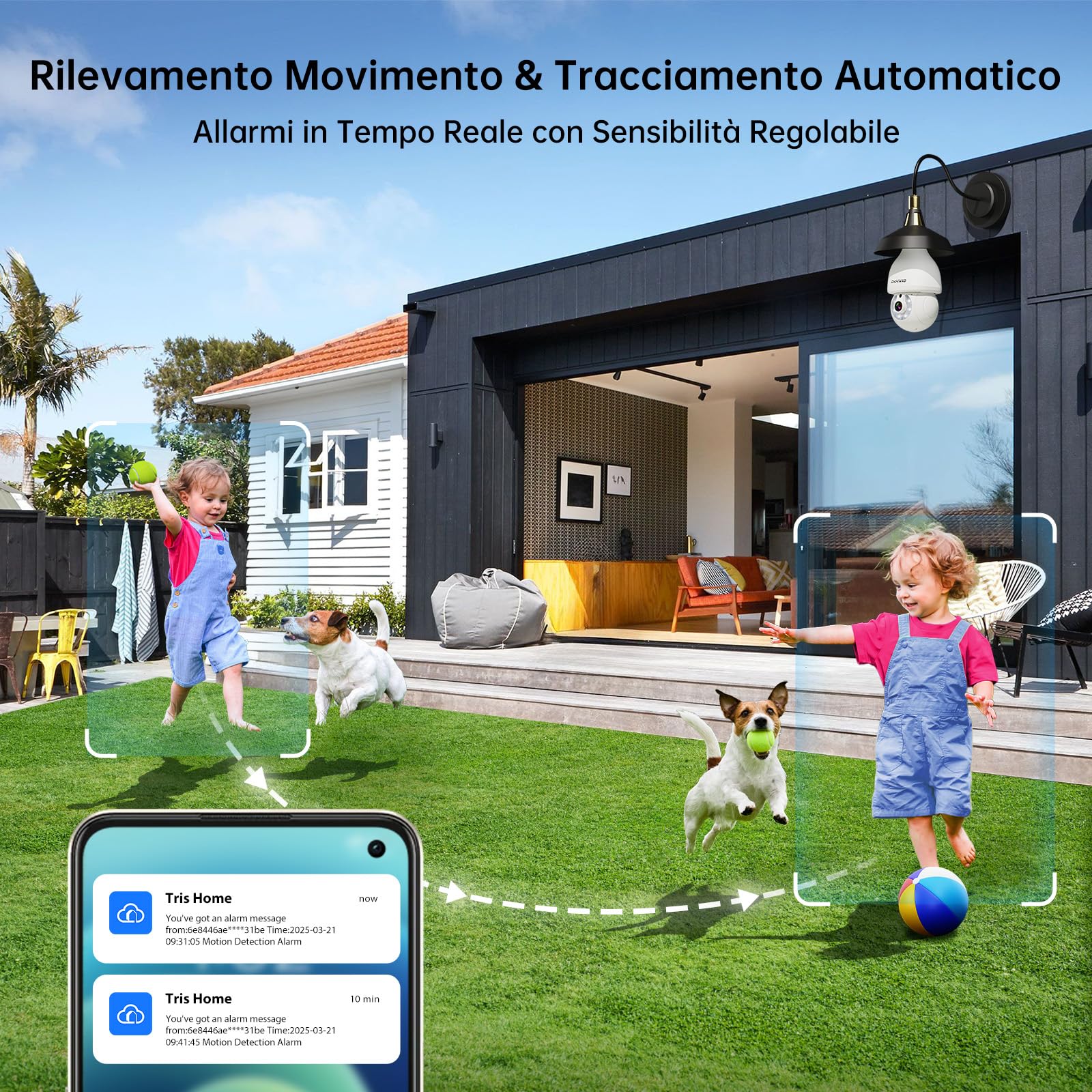 Telecamera Lampadina WiFi 2K，Videocamera Sorveglianza 2.4/5GHz | Visione Notturna, Rilevamento Movimento, Auto-Tracking, Audio Bidirezionale, E27 Standard per Esterno/Interno (2pezzo)