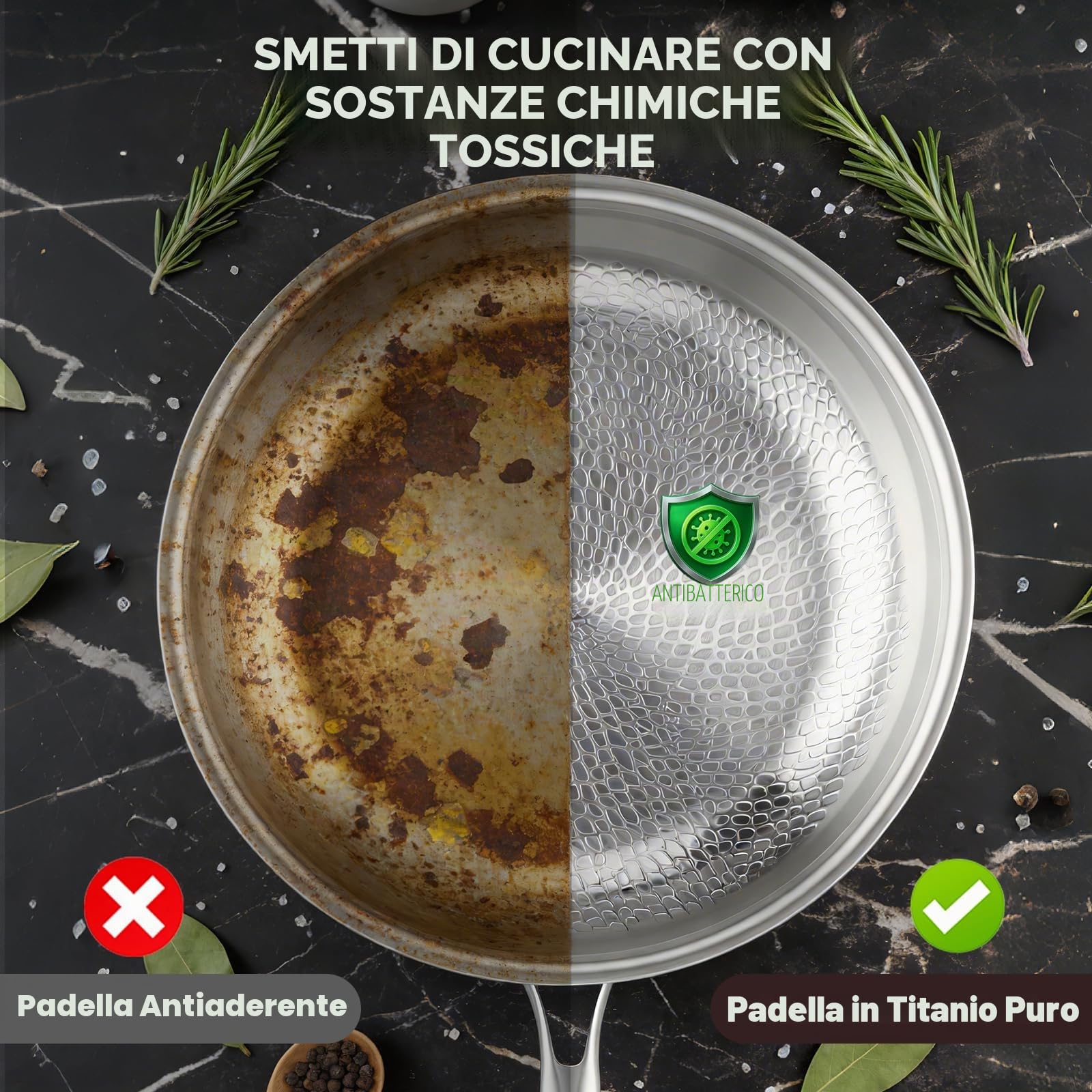 Padella in titanio generica con spatola, antiaderente wok martellato in titanio per cucinare, utensili da cucina versatili per friggere, cuocere, bistecca, ristorante (26 cm)
