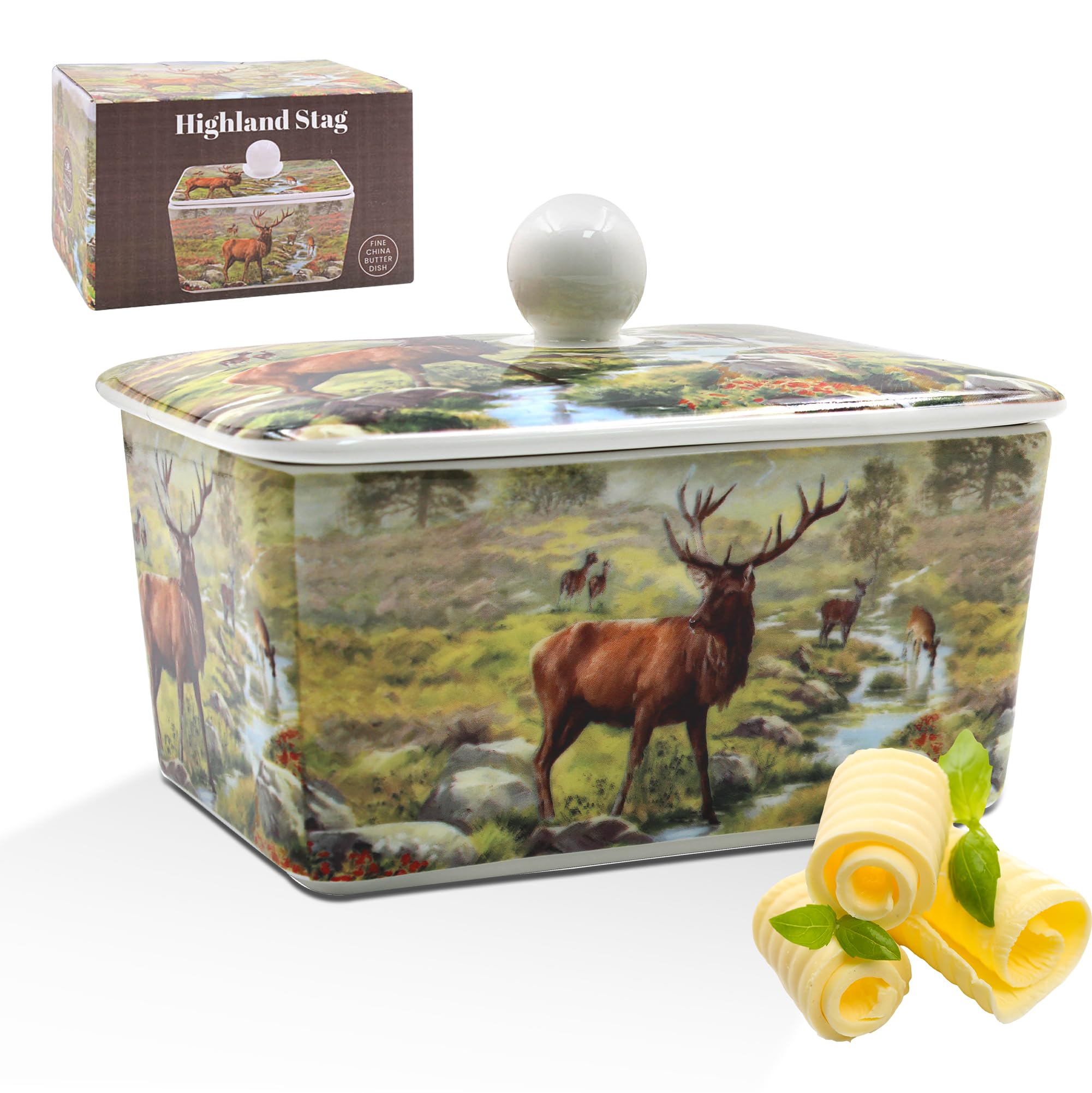 The Leonardo Collection Stag Butter Dish by Macneil Studios | Decorative Porcelain Butter Keeper with Lid | Stag Illustration | Rustic Farmhouse Style | Elegant Kitchen Accessory