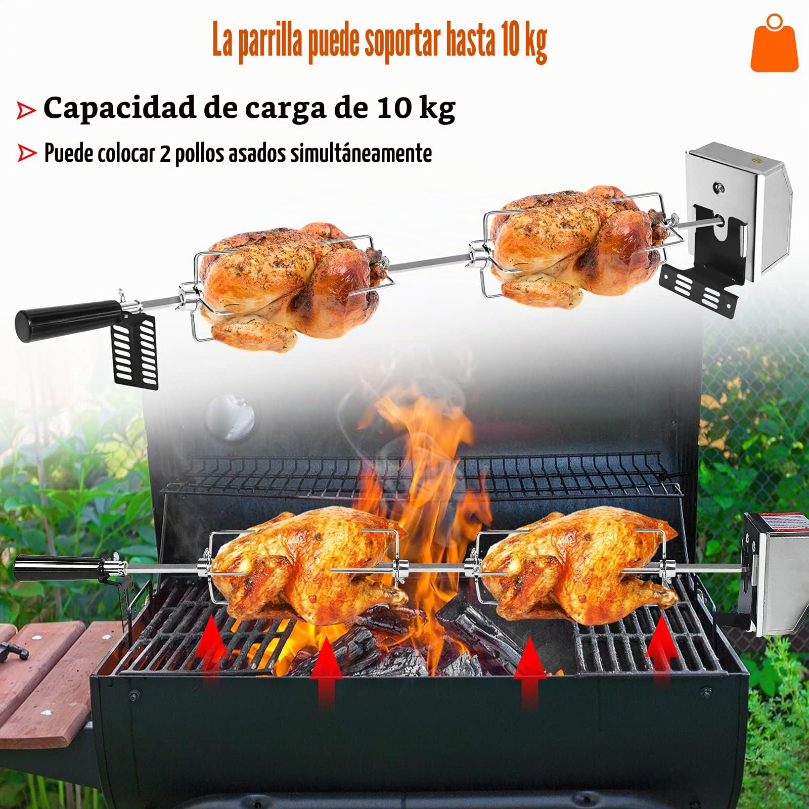NAIZY Asador Giratorio Electrico para Parrilla de Gas Juego con Brocheta Incluye 2 agujas para carne y motor de Acero Inoxidable Barbacoa Asador 220V - 240V para asador y parrilla de gas