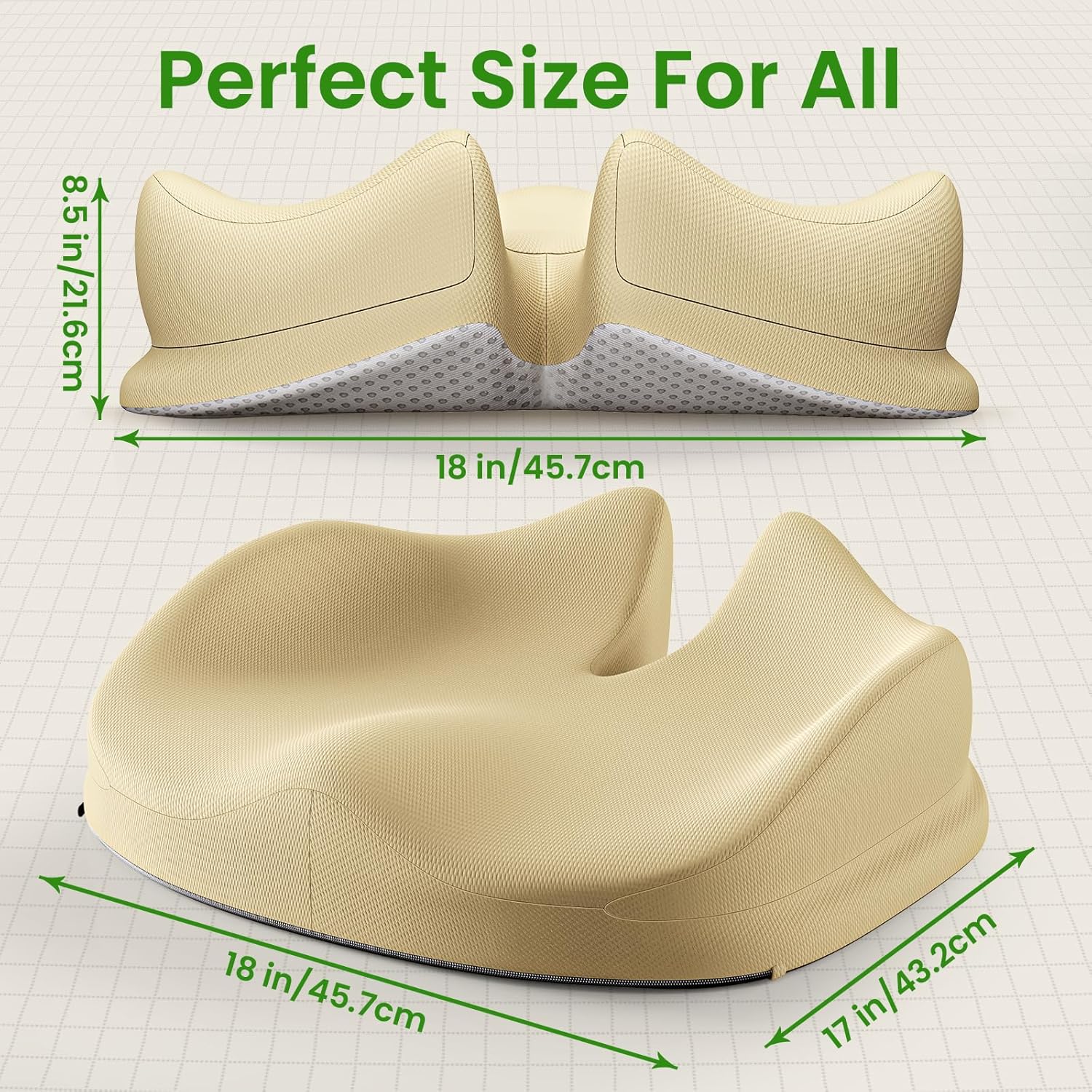 Benazcap Large Seat Cushion for Office Chair Memory Foam Coccyx Pain Relief Cushion Pillow for Back Support Non-Slip Seat Pad for Office Desk, Car Seat, Wheelchair, Sciatica-Beige - Image 5