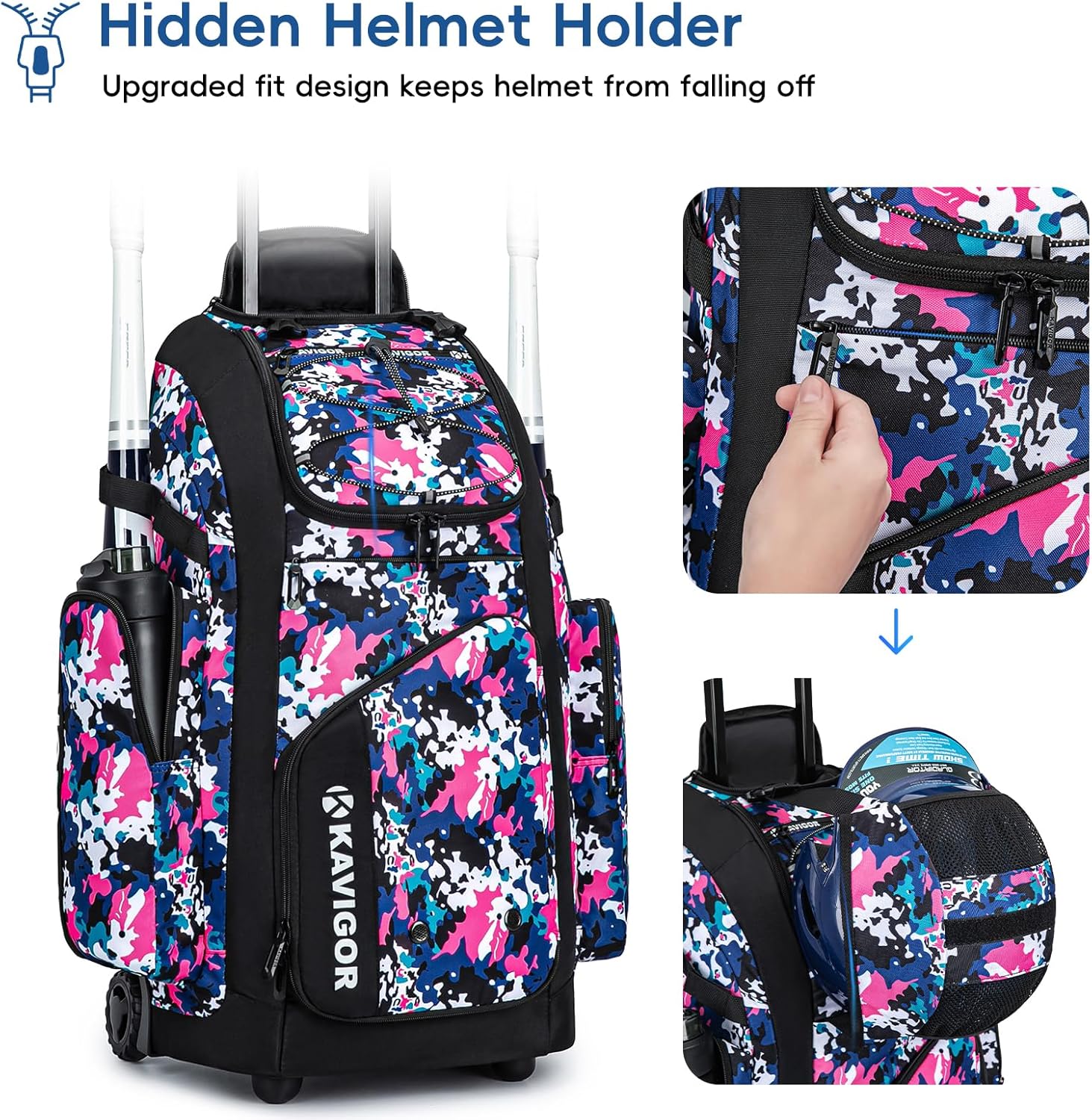 Rolling Baseball Bag with Wheels, 60L Capacity Softball Bag Holds 4 Bats for Boys and Girls, Youth Equipment Bag with Shoe Compartment - Image 3