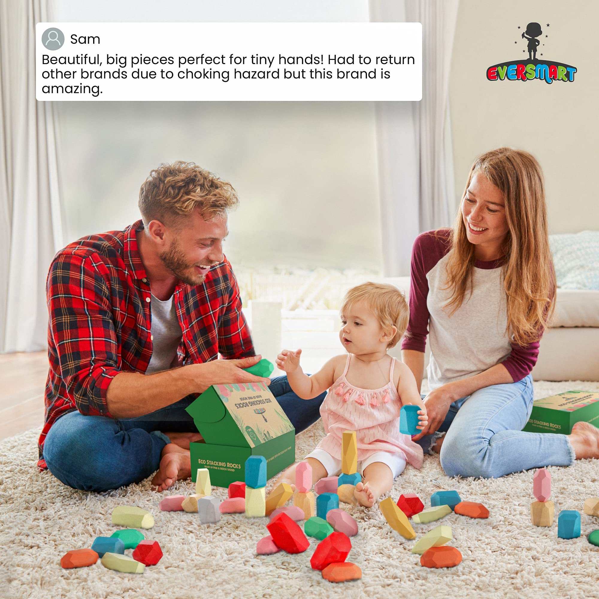 36 bloques apilables de madera – Juguetes Montessori para niños y niños de 1, 2, 3, 4, 5, 6 años, rocas XL, sin peligro de asfixia, piedras de construcción STEM sensoriales, para niñas y 7