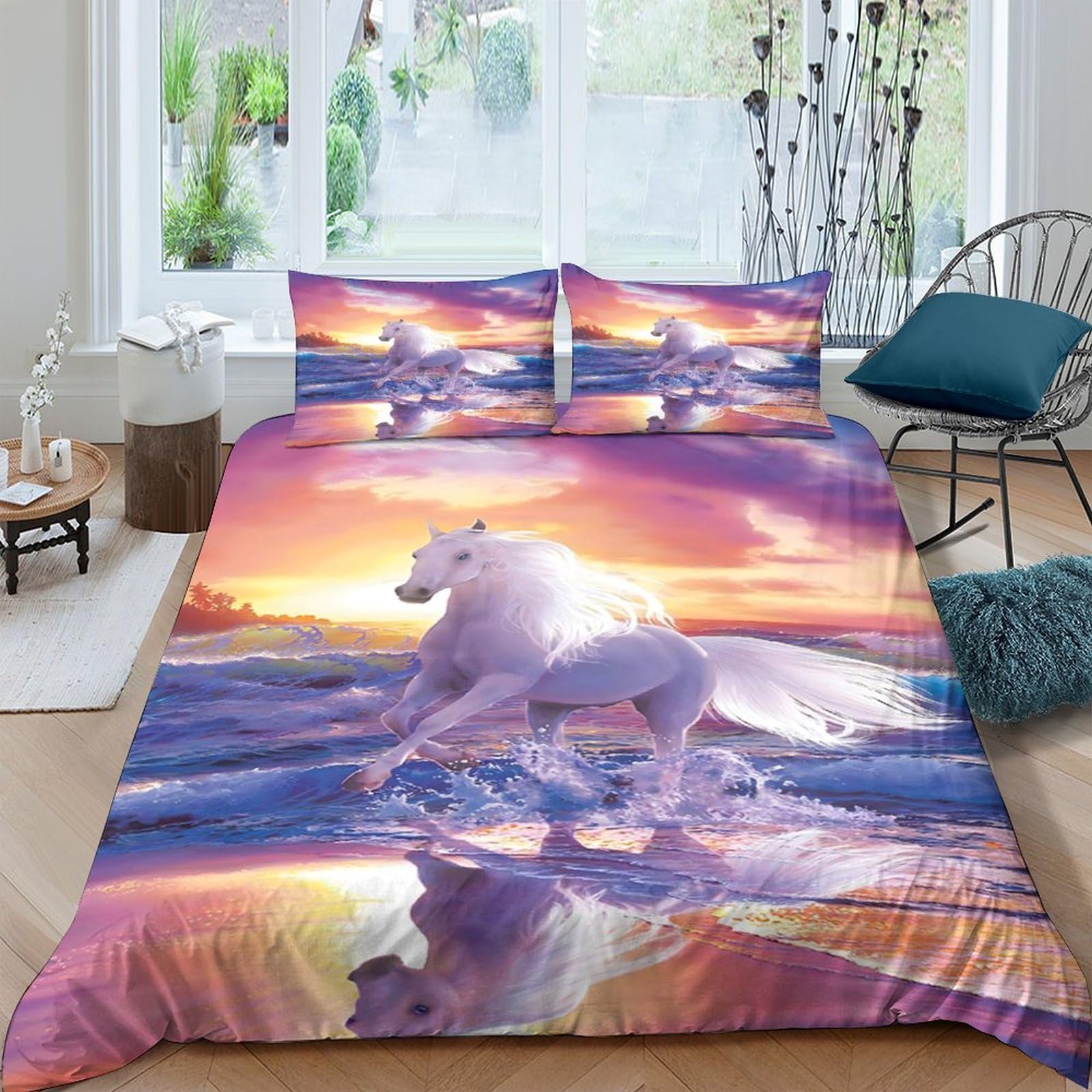 Ctjqhvkz Style-9 3D Printed Majestic Unicorn Fitted Sheet Microfiber Soft Anti-Slip Sunset Bed Cover For Bedroom Dorm Decor Single（135X200cm）