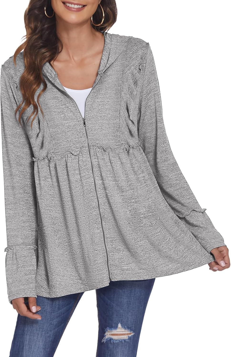 DEESHA Full Zip Up Hoodie for Women Pleated Tiered Ruffle Hooded Sweatshirts Jacket Coat Long Sleeve(Pink, Medium)