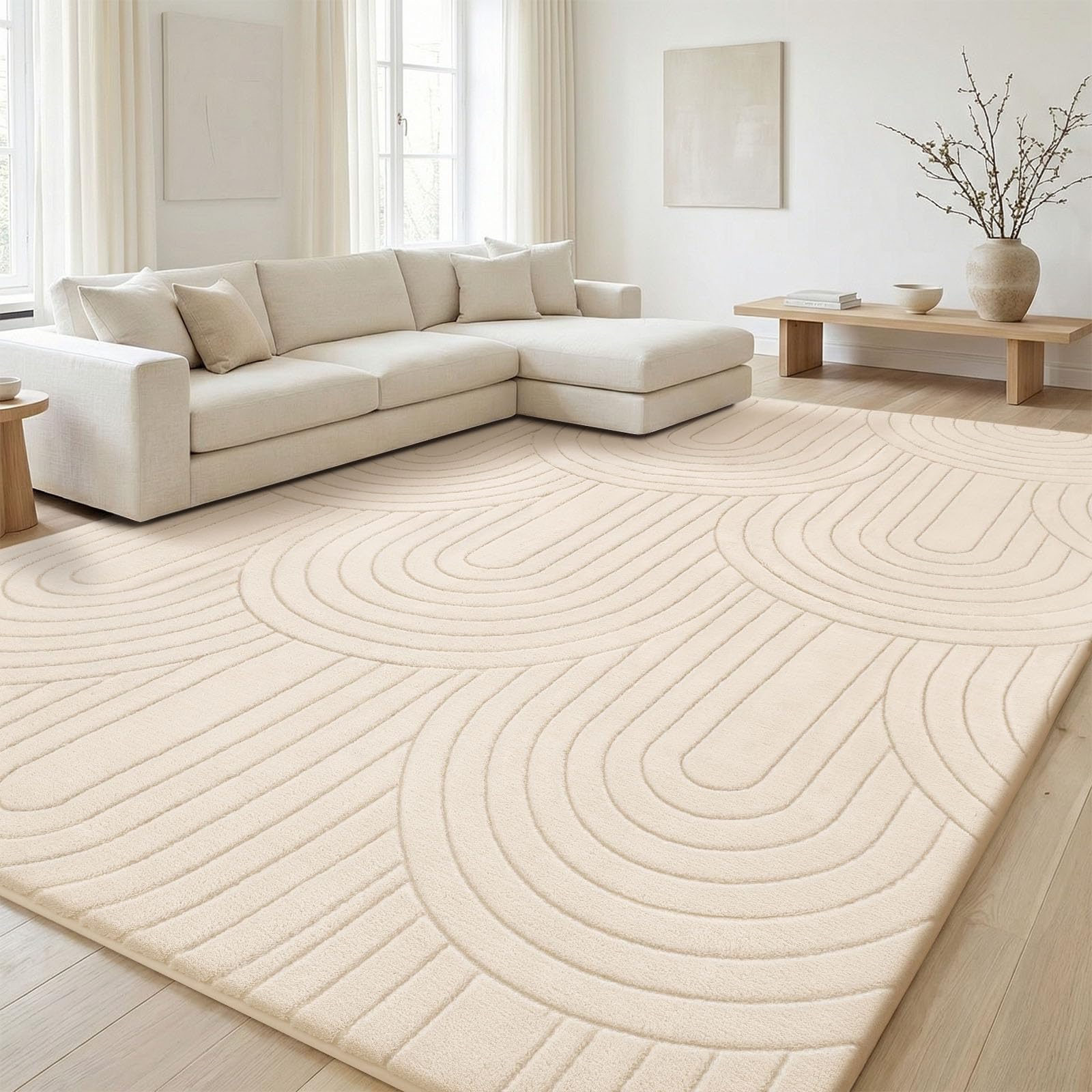 Treeboy Kurzflor Teppich Wohnzimmer, Teppich Groß 120 x 160 cm, 3D Halbkreismuster Carpet Beige Waschbarer Teppiche Schlafzimmer Flauschige Rugs, Teppiche Gegend Mit Rutschmatte