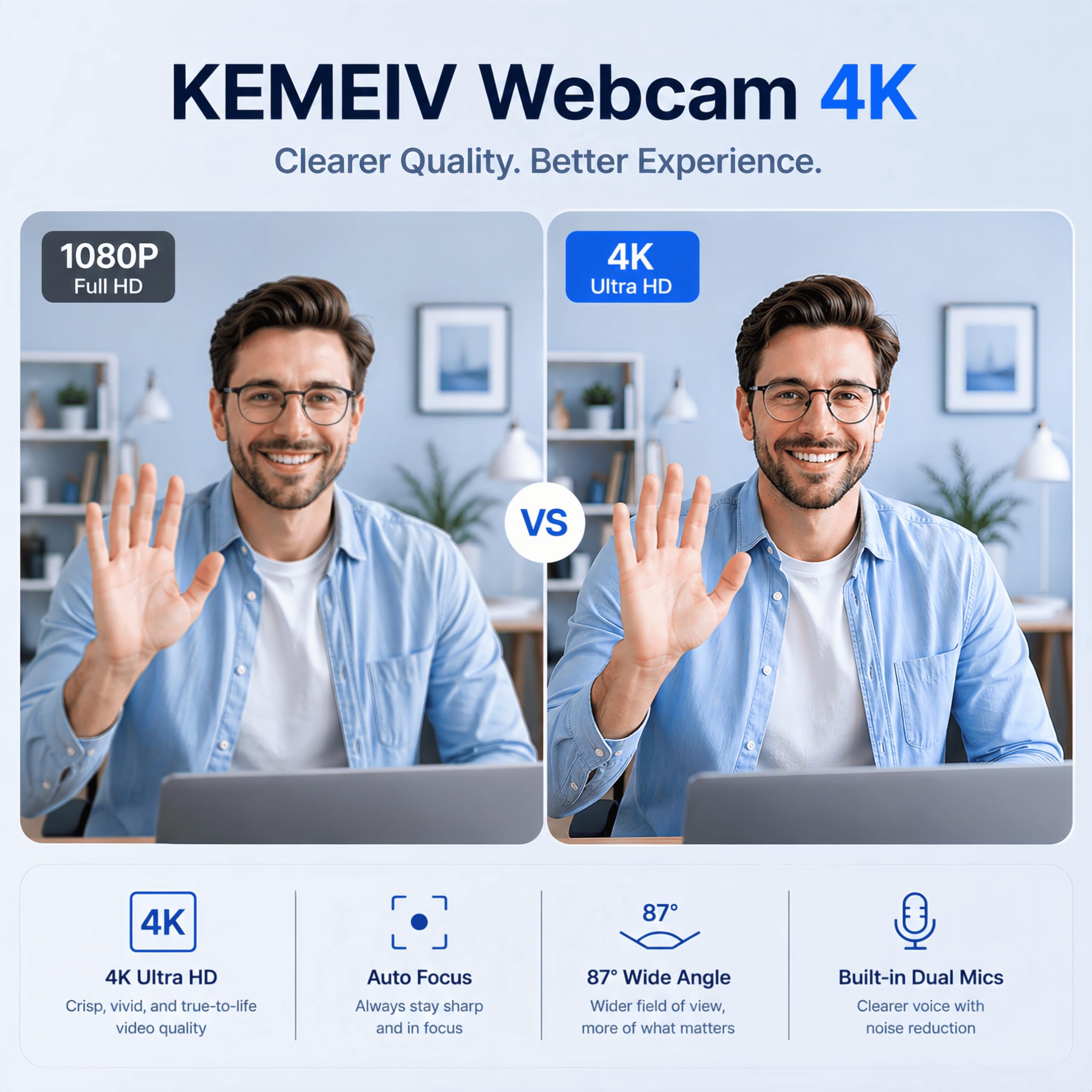 Cámara web de enfoque automático 4K para PC y portátil, cámara USB Plug & Play con micrófonos duales que reducen el ruido, mejora de poca luz, obturador de privacidad, compatible con trípode