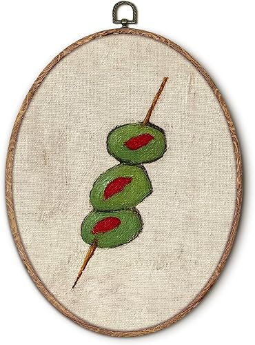 Hxlac Arte de pared ovalado de Martini de oliva enmarcado, decoración de pared ovalada de cocina de cóctel vintage, impresiones en lienzo colgantes