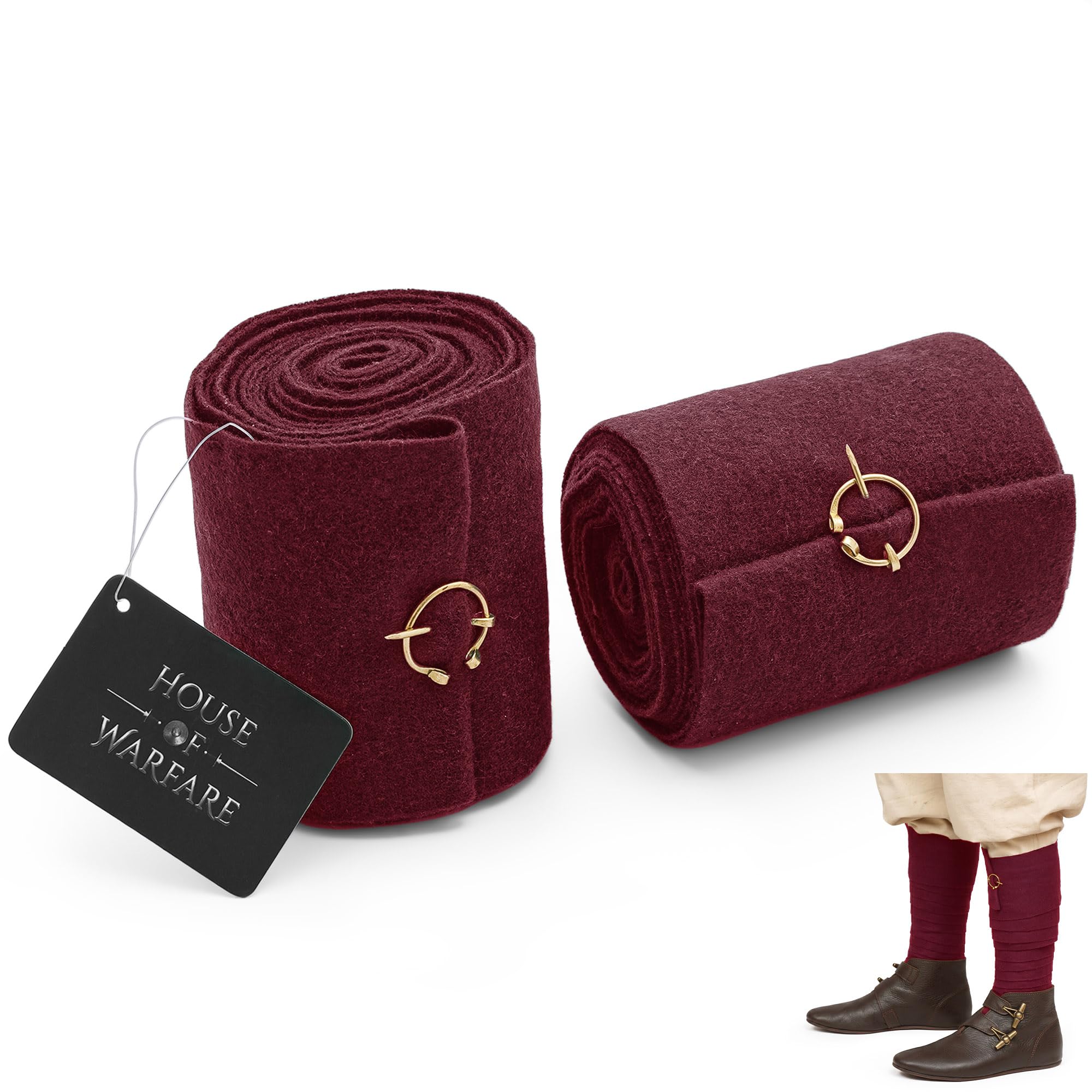 House of Warfare Viking Winingas Leg Wraps with 2 Fibula Pins - Medieval Leg Bindings for LARP, Pirate, Norse Clothing, Maroon, Default