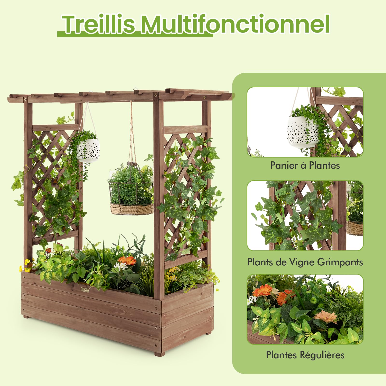 GOPLUS Jardiniere Treillis en Bois Stable avec Trou de Drainage pour Plantes Grimpantes, Fleurs, Jardiniere Balcon avec Barres de Toit pour Cour, Jardin, Interieur, 110 x 44 x 113,5CM (Marron)