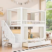 Full Over Full Bunk Bed with Privacy Curtains, Under Bed LED Lighting, Storage Stairs, and Built-in Compartments White-4, Full