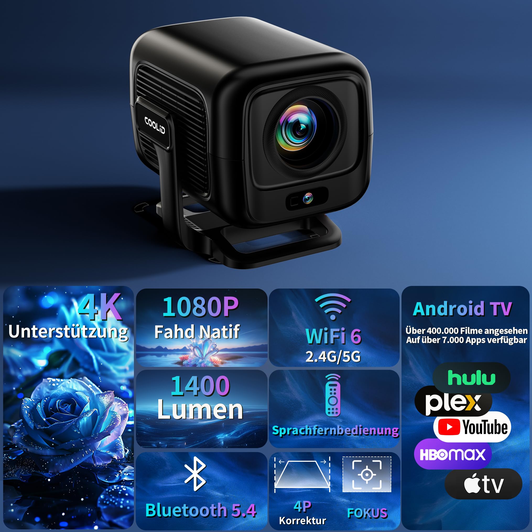 [ Autofokus & 2026 Upgraded ] Beamer 4K Projektor Native 1080P Mini Beamer Mit 5G WiFi 6 und BT 5.4 Tragbarer Projector mit Automatische Trapezialkorrektur 180 ° Drehung Tv Stick/USB/Laptop/PC,Schwarz