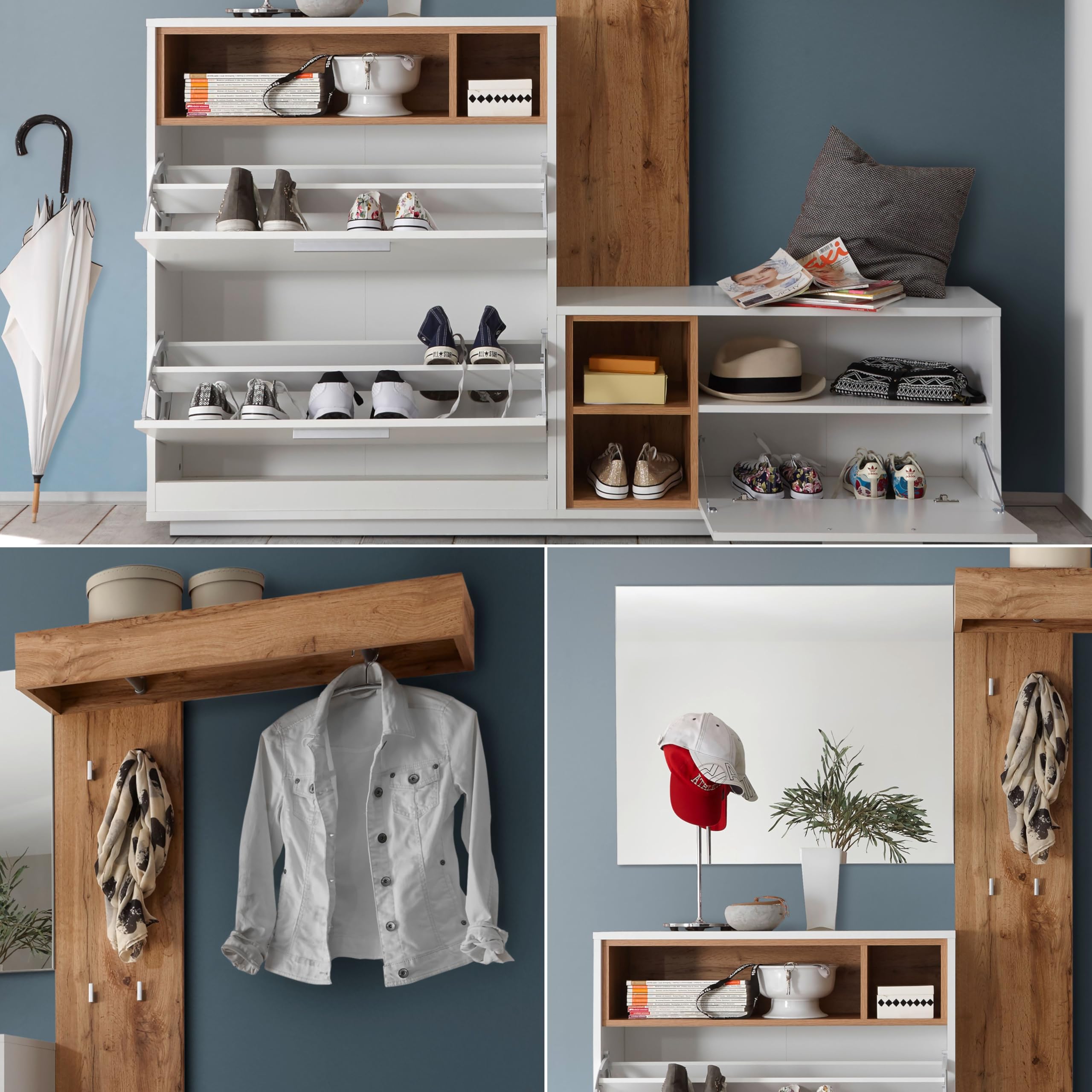 Sixx Flurgarderoben Set in Weiß Hochglanz/Sandeiche Optik - Moderne Kompaktgarderobe 4-teilig für Ihren Eingangsbereich - 195 x 195 x 36 cm (B/H/T)