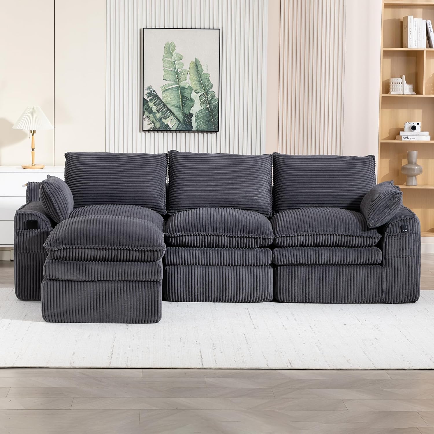 KEIKI 104" Oversized L-Shaped Modular Sectional Couch for Living Room, Boneless Corduroy Cloud Sofa with Ottoman, Compressed Modular Sofa No Assembly Required, Deep Seat for Apartment, Gray