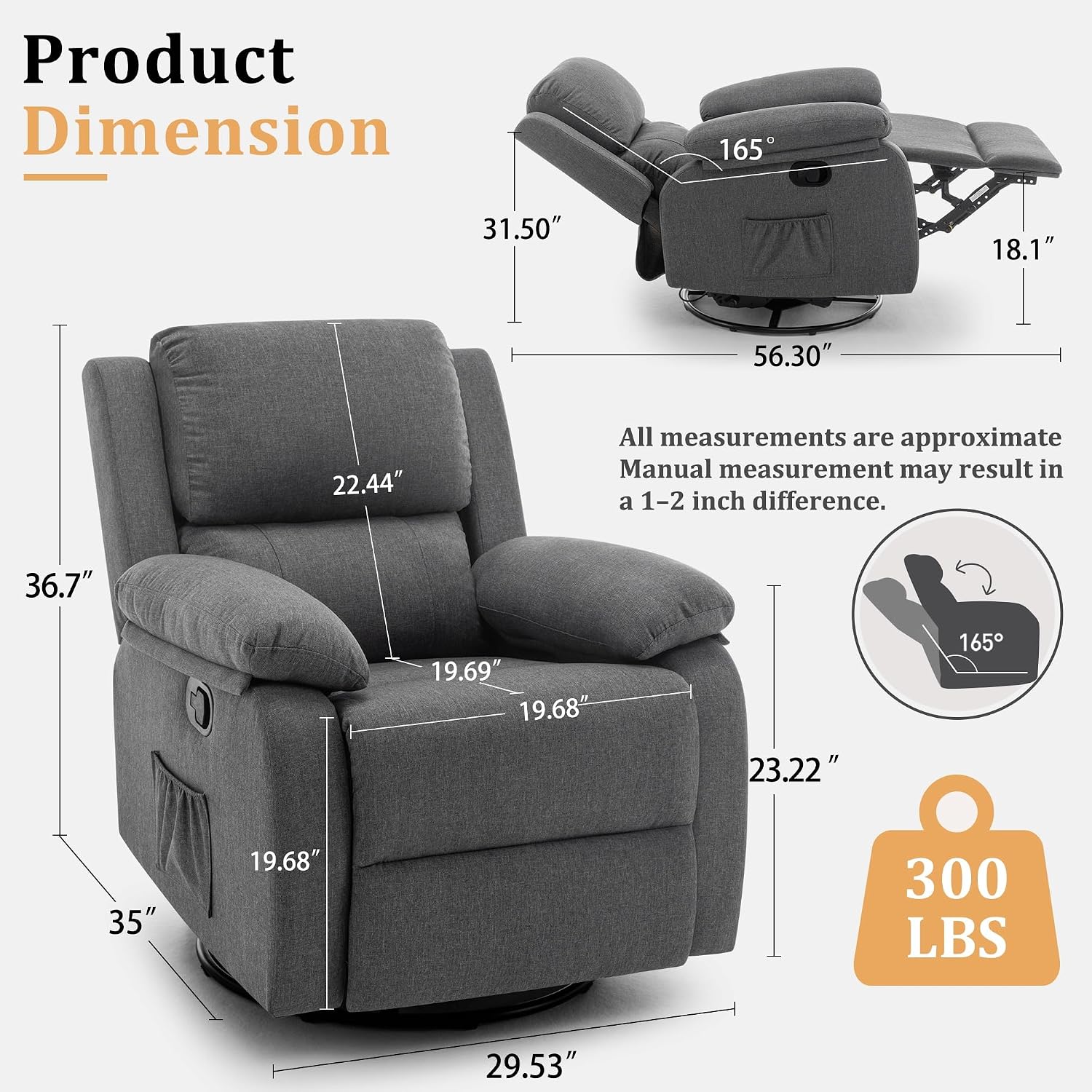  Recliner Chair, 360 Swivel Rocker Chair for Adults, Small Rocking Recliner for Small Spaces, Upholstered Fabric Glider Recliner Nursery thumbnail