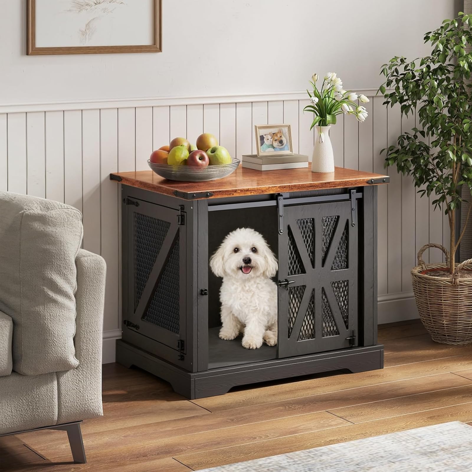 Dog Cage Furniture, 73cm Three-Door Wooden Dog Cage with Sliding Doors, Indoor Dog House, Suitable for Puppies and Small Dogs, Anti-Chew and Anti-Escape, 73x51x60cm, Black