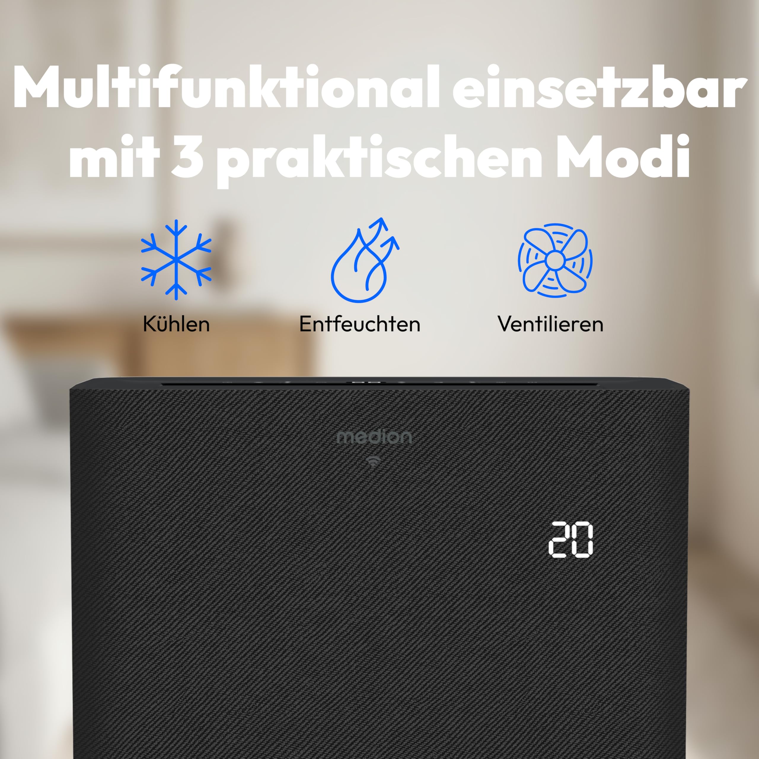 MEDION Smarte Mobile Klimaanlage mit Abluftschlauch P1202 (12000 BTU, mobil, inkl. Fensterabdichtung, bis 42m², 3in1 Kühlen Entfeuchten Ventilieren, App- und Sprachsteuerung, Schlafmodus