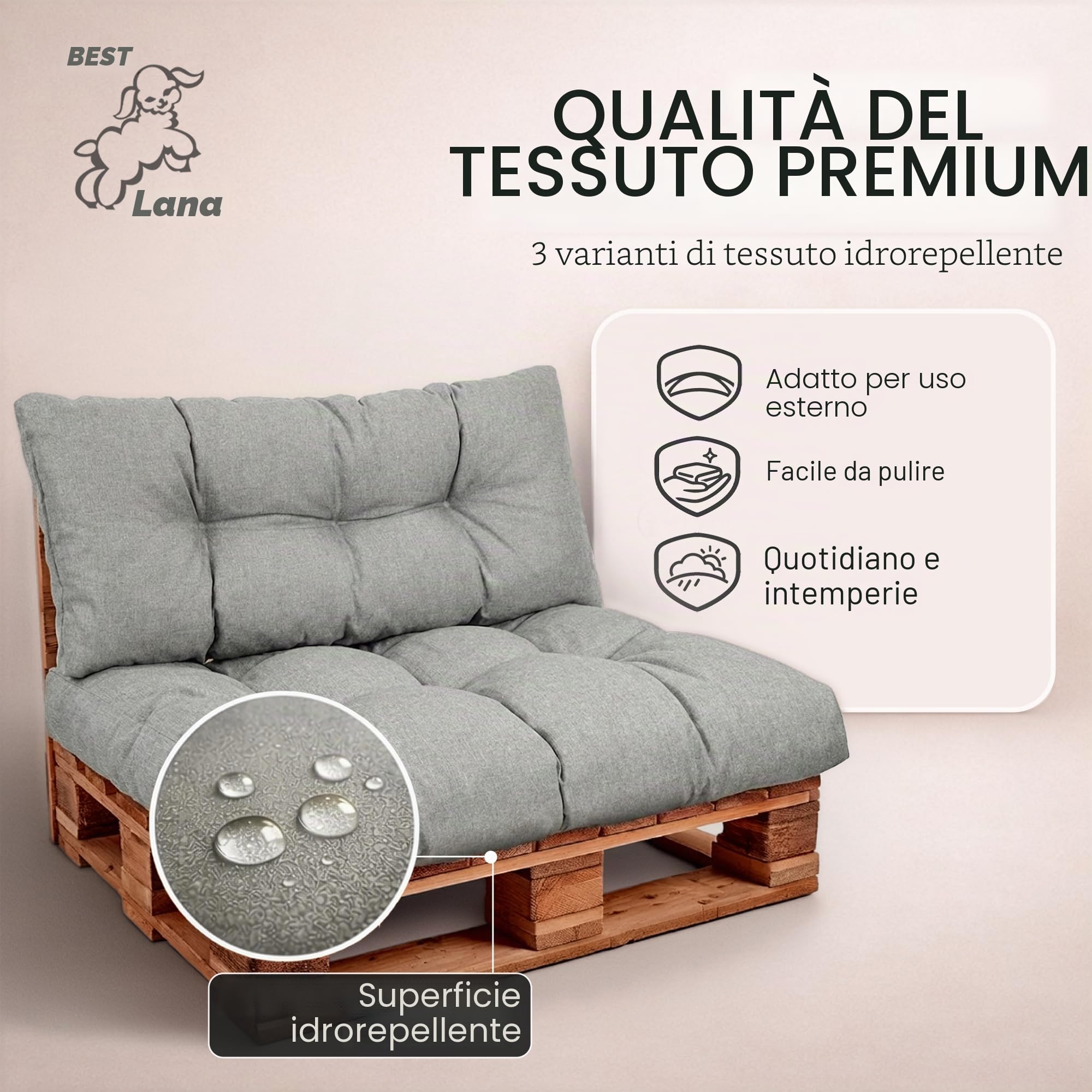 Set di Cuscini per Pallet – Cuscino D’assise per Pallet Europei – Imbottitura con Schiuma Granulare Poulirette – Include Cuscino D’assise 120x80cm + Schienale 120x40cm