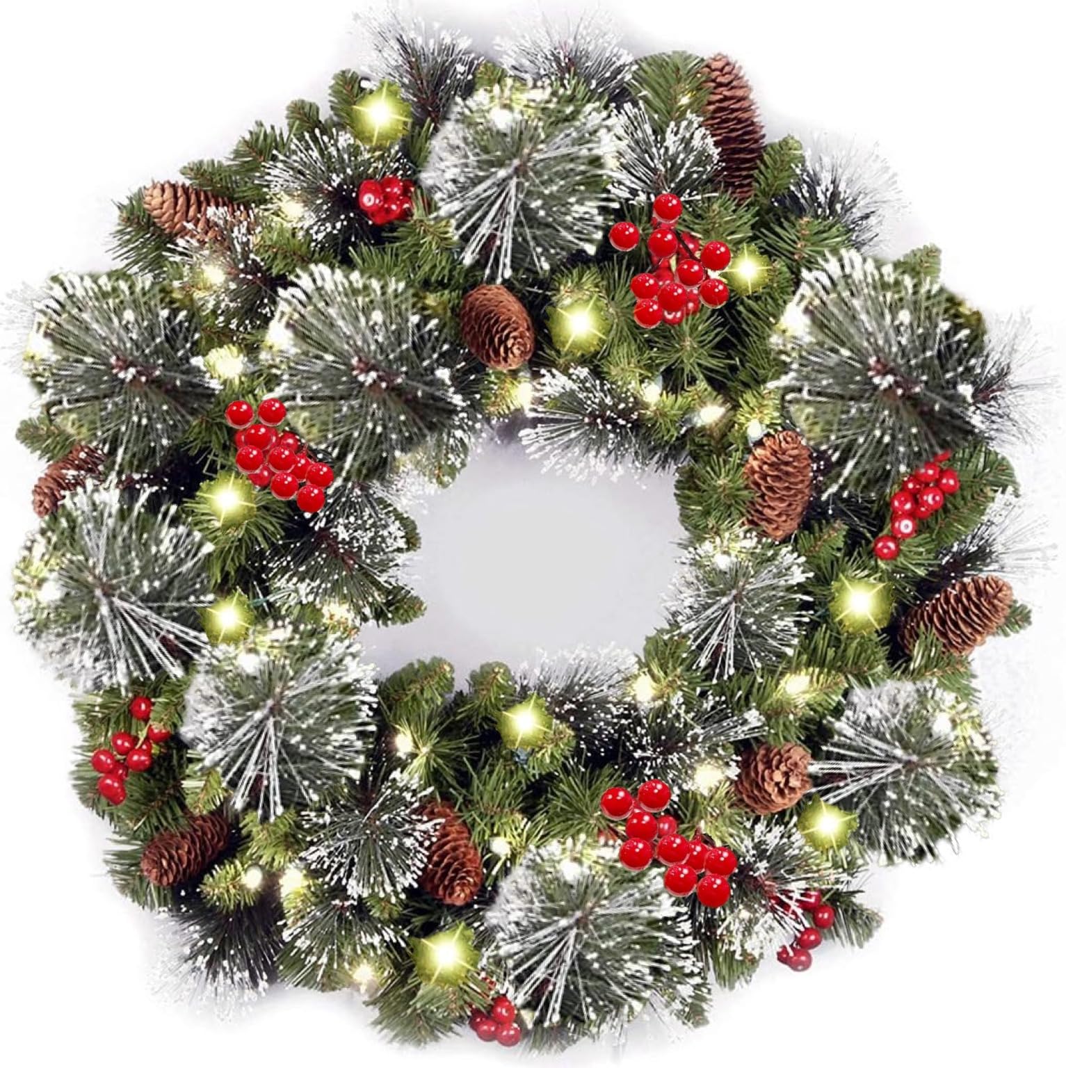Corona de Navidad de 40 cm con luz LED para colgar en la puerta delantera, coronas de abeto, decoración navideña para interiores y exteriores, ratán de Navidad, decoración de Navidad (verde-2)