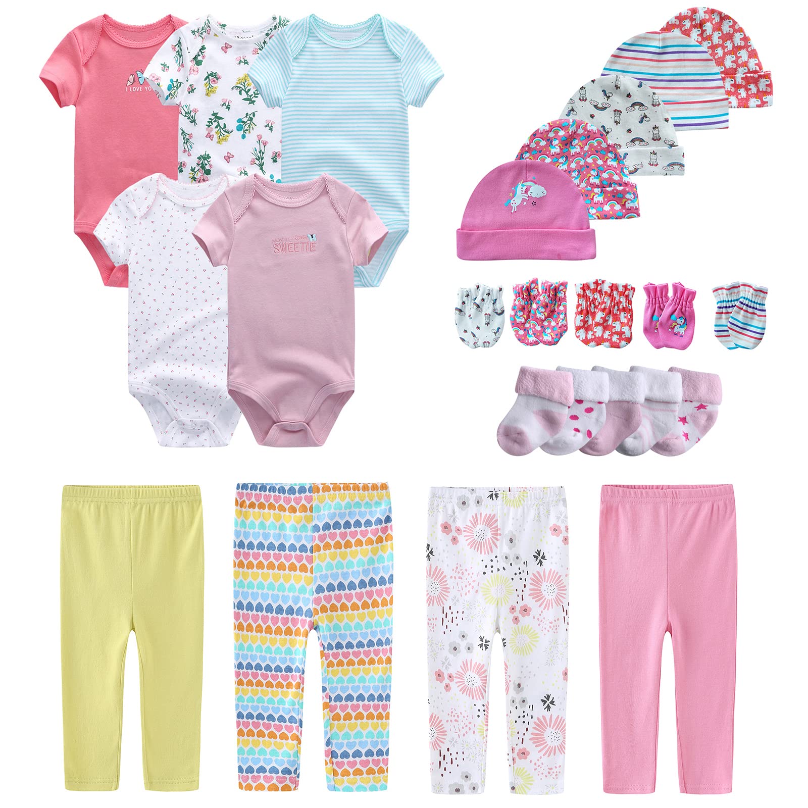 MAMIMAKA Newborn Layette Gift Set Bodysuits Pants for Baby Girl and Boy 24 Piece 100% Cotton Essentials and Accessories