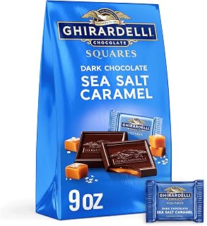 GHIRARDELLI Dark Chocolate Sea Salt Caramel SQUARES – Premium Individually Wrapped Dark Chocolate Candy Filled with Buttery Caramel and Sea Salt, 9 oz Bag