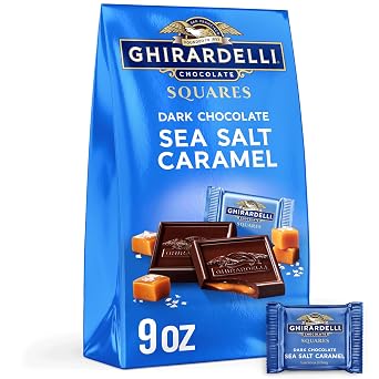 GHIRARDELLI Dark Chocolate Sea Salt Caramel SQUARES Premium Individually Wrapped Dark Chocolate Candy Filled with Buttery Caramel and Sea Salt, 9 oz Bag