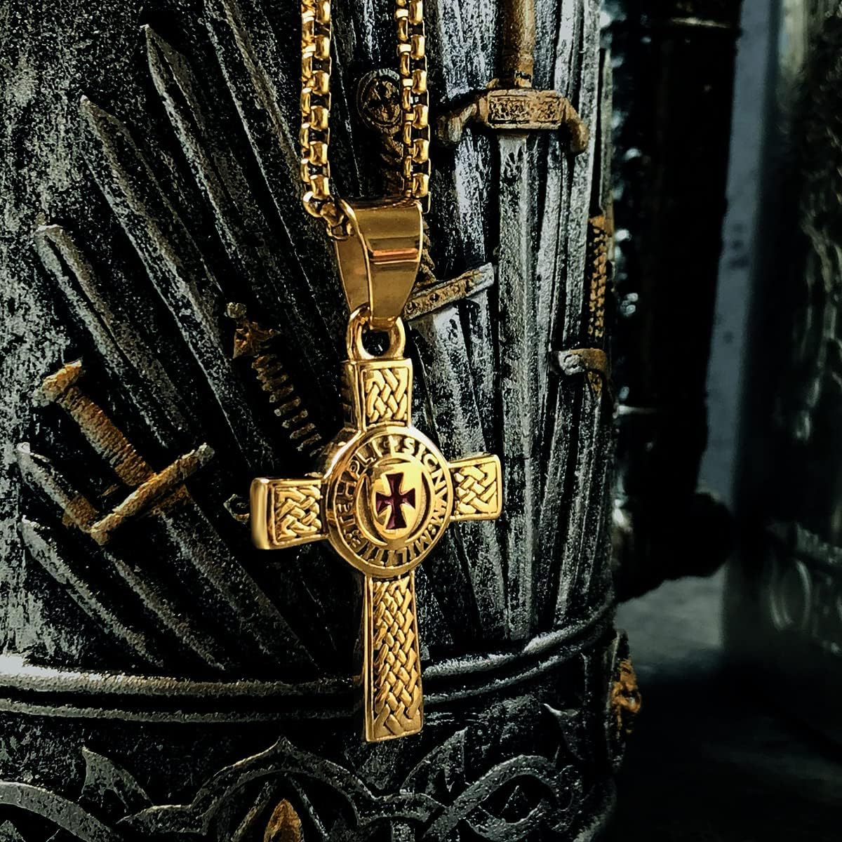 bahamut Knights Templar Cross Pendant Necklace for Men Stainless Steel Vintage Crusader Holy Knight Jewelry with 25 inches Chain Link - Image 2