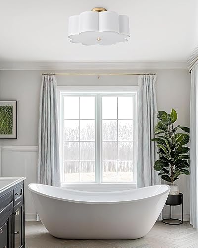 Miniatura 8 de AD-22009-4SF-GD - Lámpara de techo semiempotrada dorada de 4 luces de 18 pulgadas con pantalla de tambor de tela en forma de flor, lámpara de techo