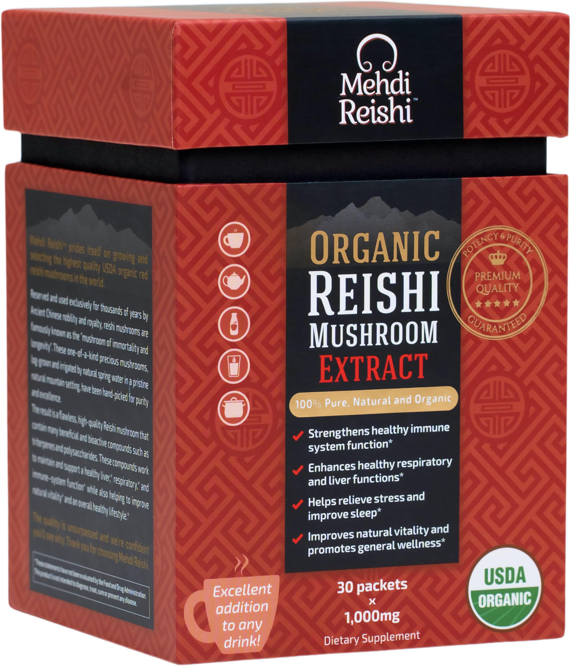 Organic Reishi Mushroom Extract Fruiting-Body Powder 35% Beta Glucan – 100% Pure, Premium and Organic –30 Servings–Ganoderma Lucidum, Lingzhi, Tea