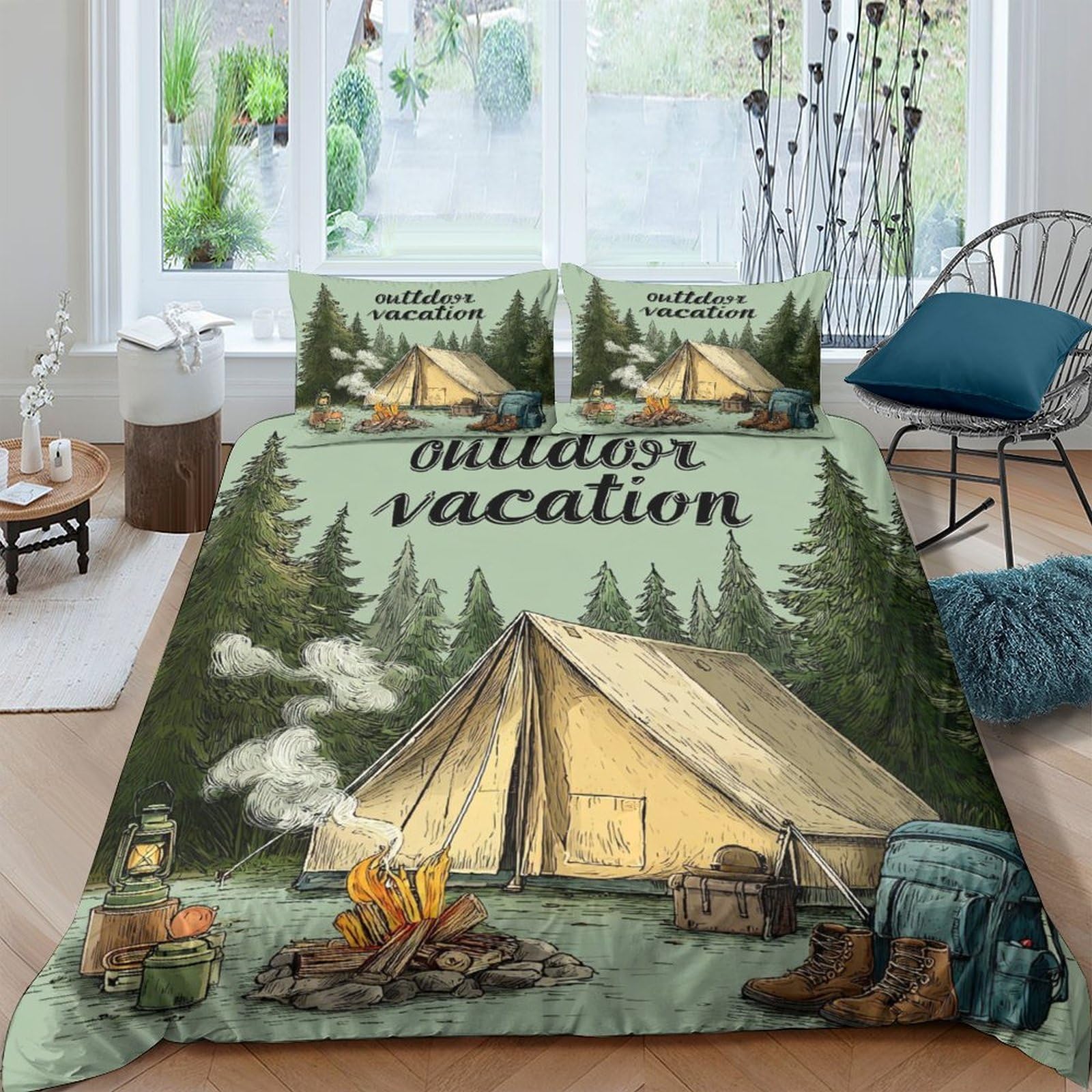 Ctjqhvkz Style-2 3D Printed Camping Tent Fitted Sheet Microfiber Soft Forest Campfire Mattress Cover For Bedroom Home Decor Single（135X200cm）