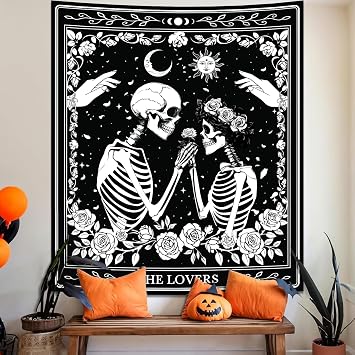 Atrippy Halloween Gothic Room Decor Tapestry, Goth Skull Grunge Tapestry for Bedroom, Witchy Dark Aesthetic Home Decor, Small Skeleton Vintage Black and White Emo Wall Decor 36" X 48"