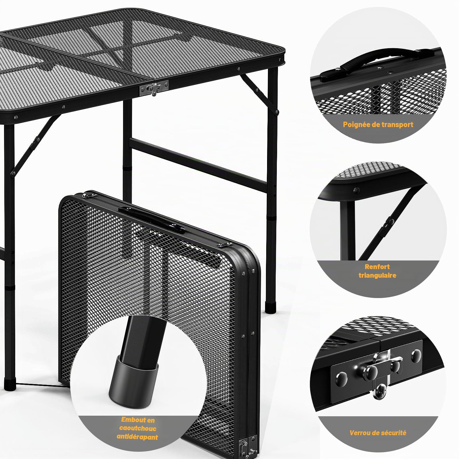 Table de Camping Pliante pour Barbecue, 90x60cm Table de Barbecue Réglable en Hauteur,Table de Pique - Nique pour Intérieur, Extérieur, Plage
