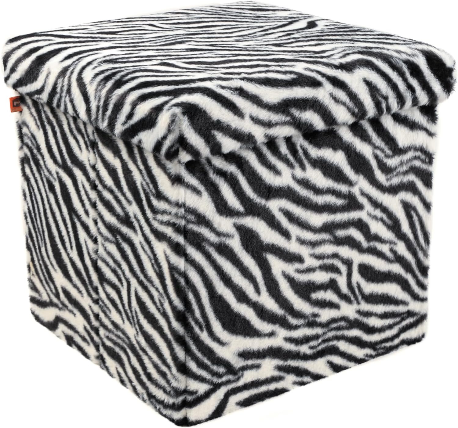 Luxe L 100% Faux Fur Go-Poufs Knock-Down Medium Cube Storage Ottoman, 15"x15"x15", Zebra Black/White, Sleek Seating, Footrest Organizer For Living Room Bedroom Nursery, Easy Setup Modern Compact Piece