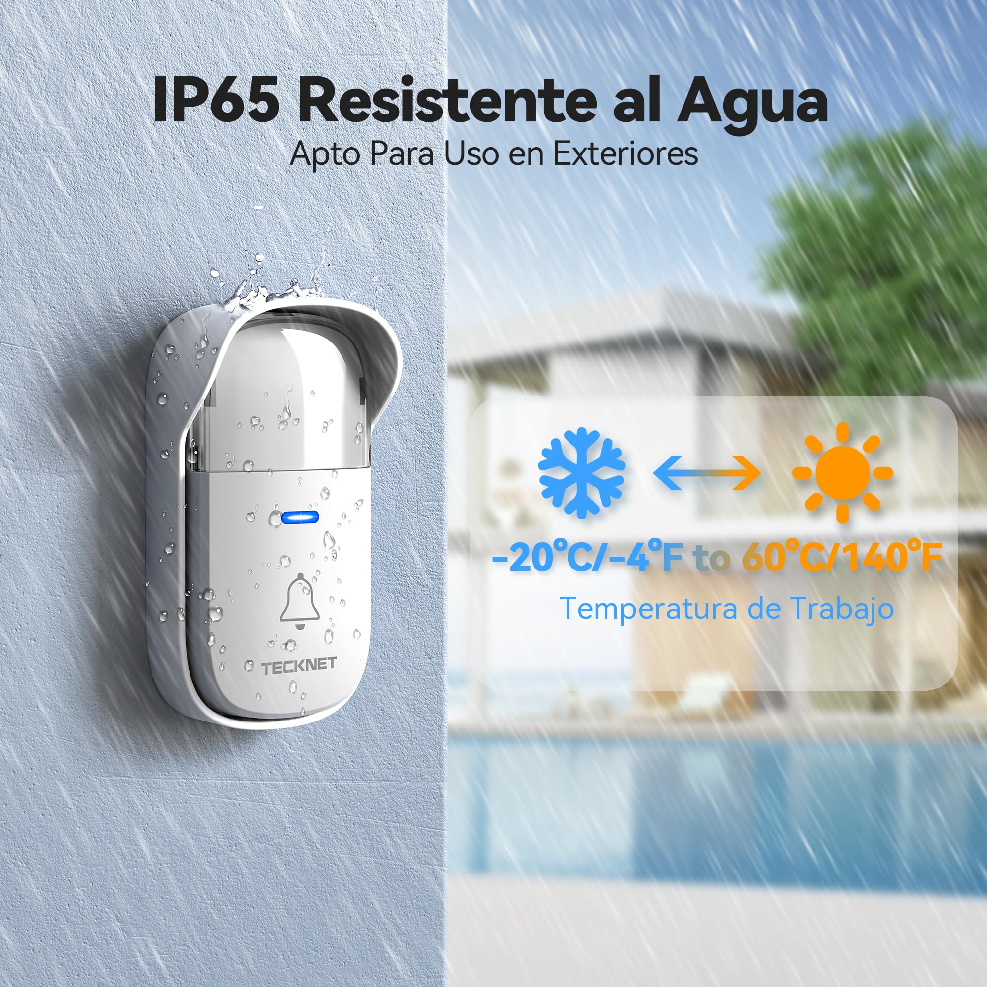 TECKNET Timbre Inalámbrico, 300M RGB Timbre Inalámbrico Autoalimentado, IP65 Timbre Electrónico Impermeable con 60 Melodías, 5 Niveles de Volumen y Flash LED para Hogar Oficina Hotel