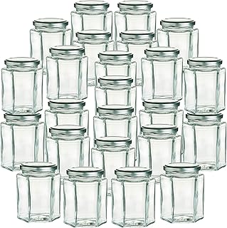 Offer Shop Jam Jars with Lids Small Glass Storage Jars with Silver Lid | 190ml Hexagonal Glass Jars with Sticker Labels Spice Storage Jam Jelly Chutney- 12 Set