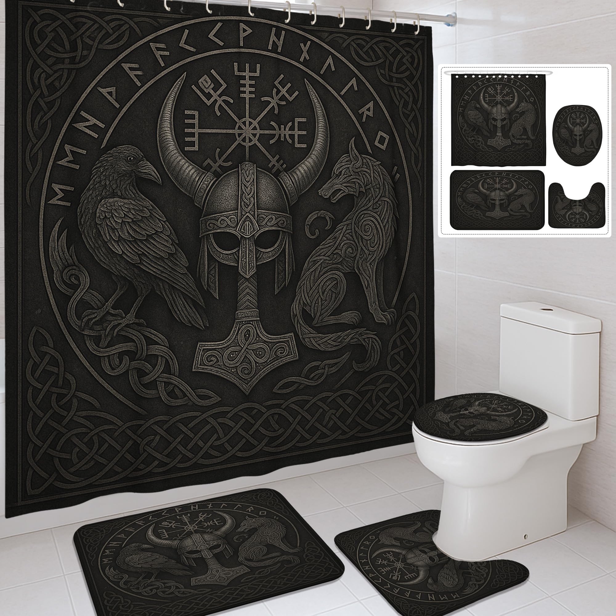Duschvorhang-Set, nordische Mythologie, Wikingerschwert, Wolf, Badematte, Teppich, Zubehör für Badezimmer, Herbst, Winter, modern, wasserdicht, Stoff, Duschvorhang-Set mit Haken, 183 x 183 cm, 4