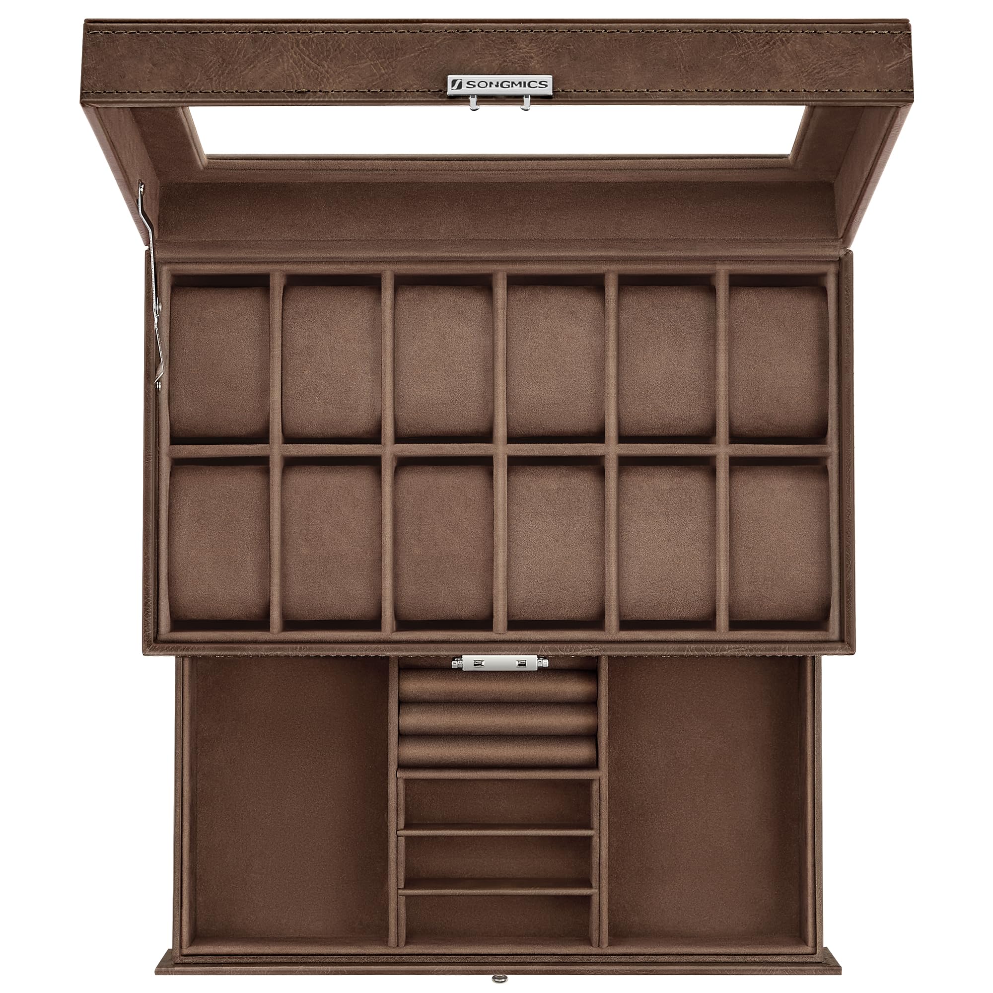 SONGMICS Porta Orologi a 12 Posti, Scatola Portaorologi a 2 Livelli, Coperchio in Vetro, Chiusura, Cassetto, Idea Regalo, Superficie in PU Marrone, Interno Marrone JWB012K01