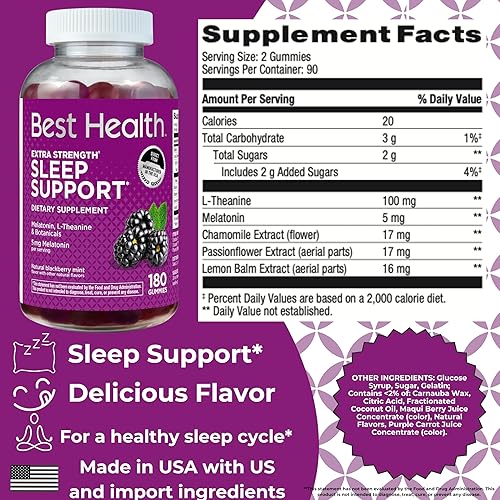 Miniatura 4 de Best Health Gomitas de melatonina, melatonina por porción para apoyar el sueño*, con L-teanina y botánicos, sabor natural a menta y mora (180